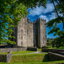 Stunning historic castle surrounded by lush green gardens under a bright blue sky, offering a unique heritage hotel experience.
