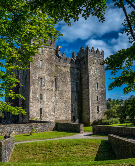 Stunning historic castle surrounded by lush green gardens under a bright blue sky, offering a unique heritage hotel experience.