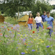 Guests strolling through vibrant wildflower garden near lake, enjoying nature and scenic views at a countryside hotel.