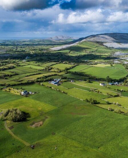Stunning countryside view with lush green fields and distant rolling hills, offering a serene and tranquil hotel escape.