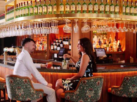 Guests enjoying cocktails at elegant hotel bar with stylish decor and extensive drinks selection.