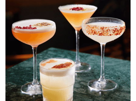 Elegant cocktails on green marble, with vibrant garnishes; an inviting hotel bar experience.