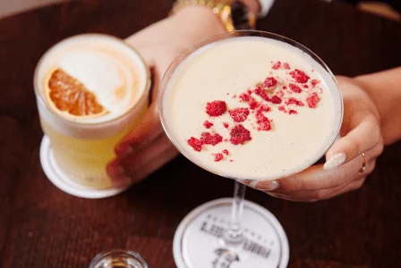 Two cocktails on a dark wooden table — a frothy citrus cocktail with dehydrated orange slice and a creamy martini topped with crushed raspberries, perfect for hotel bar or lounge bookings